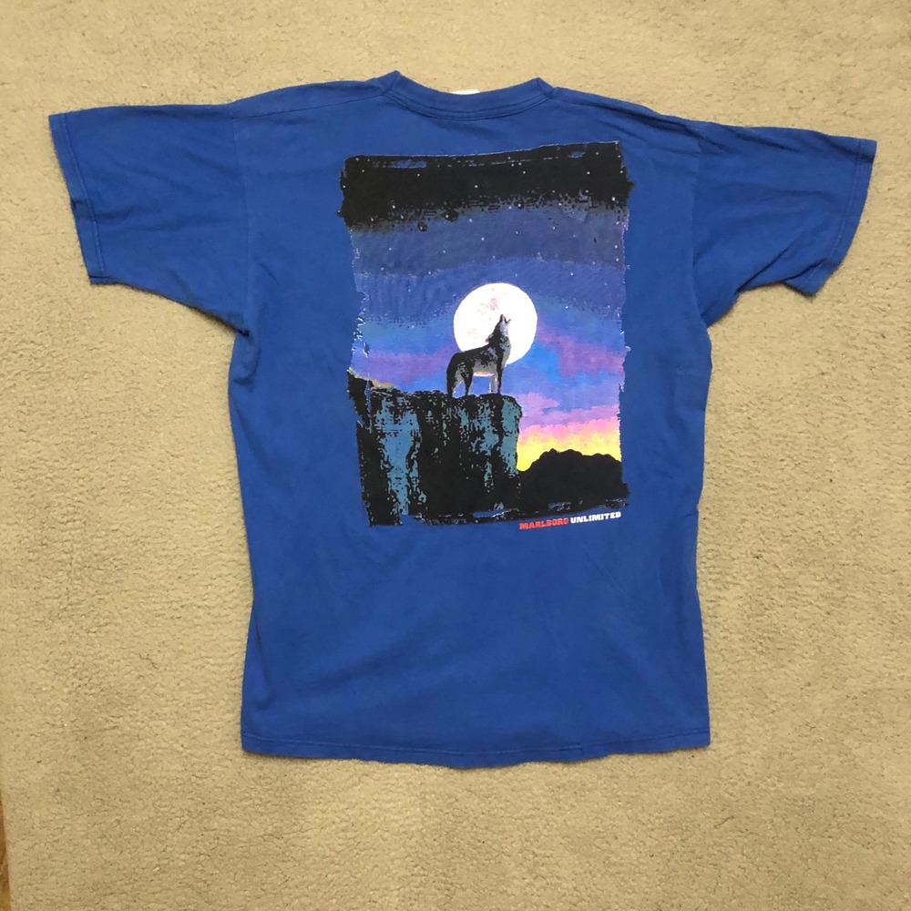 Vtg 90s Marlboro Unlimited Howling Wolf Moon Pocket Tee Blue XL